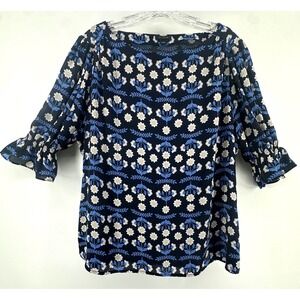Ann Taylor Navy Blue Floral Boat Neck Blouse Smocked Ruffle 3/4 Puff Sleeve L